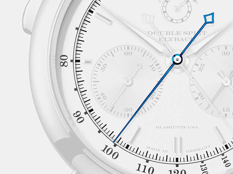 At A. Lange & Söhne, timepieces with the chronograph function are often endowed with an additional rattrapante function, symbolised here with the blue rattrapante hand.