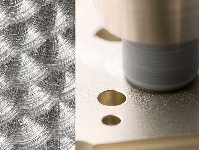 The cloud-like perlage pattern is produced with a rotating abrasive peg